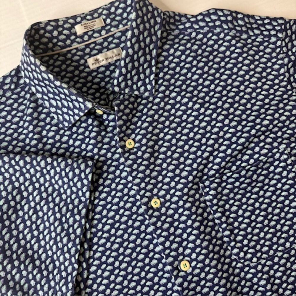 Peter Millar Shirt Men's XL Blue Cars Geometric Button Up Short Sleeve Golf